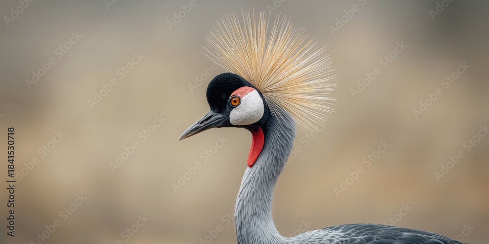 Fototapeta premium Black crowned crane headshot focusing on plumage and beak features, ideal for bird identification or ornithology backgrounds