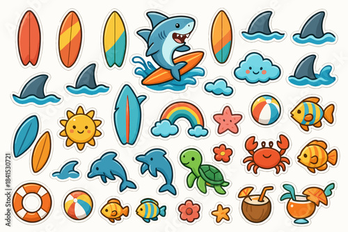Colorful cartoon beach and ocean stickers with surfboards, animals, and sunshine