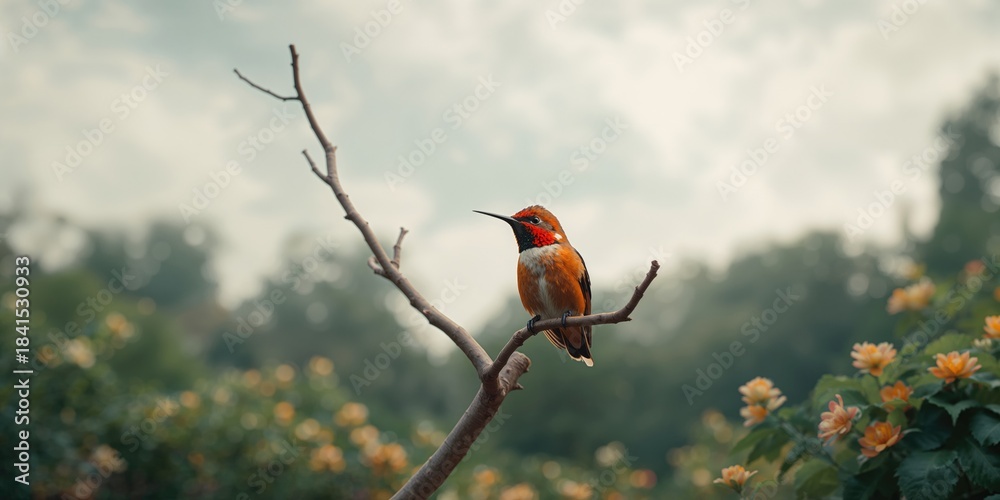 Obraz premium Detailed shot of a bright orange Rufous hummingbird resting on a slender branch amid park foliage on an overcast day, highlighting avian resting habits