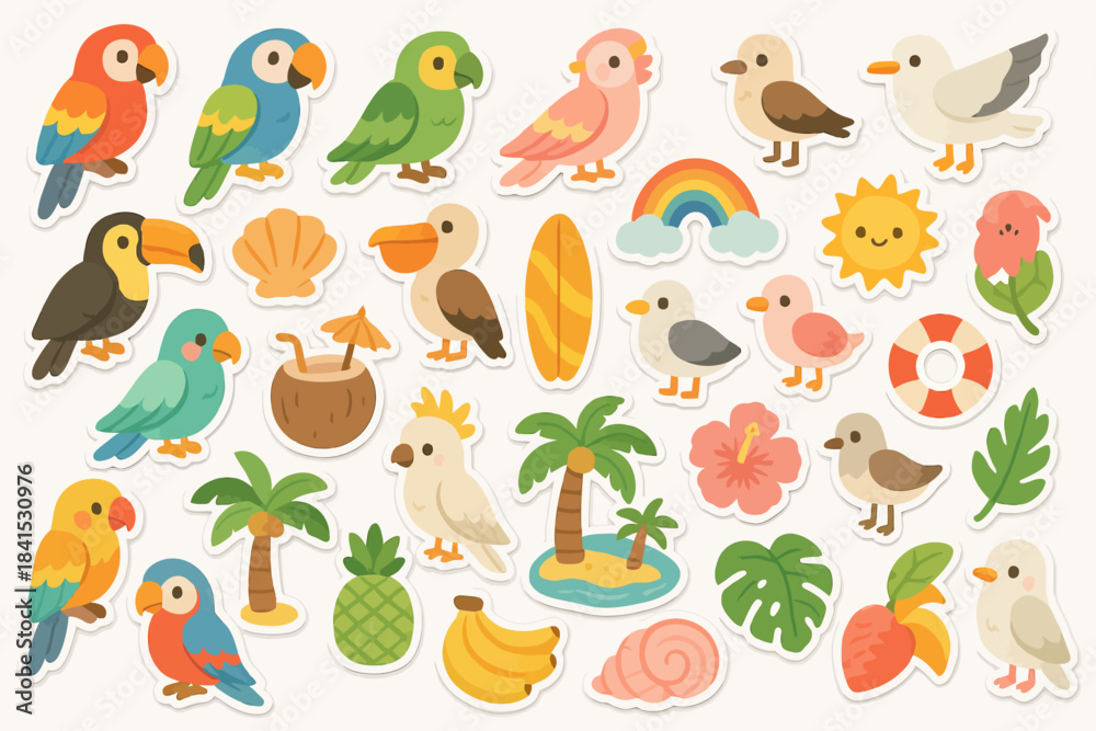 Fototapeta premium Colorful tropical stickers featuring parrots, palm trees, and beach-themed elements