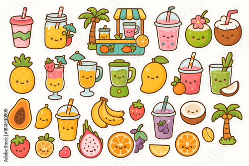 Cute cartoon fruit drink stickers with smiling faces and tropical elements