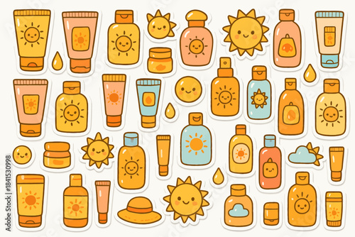 Cute sun-themed skincare products with smiling suns and happy designs