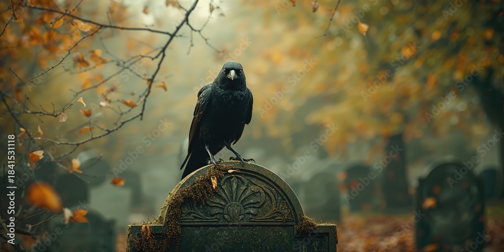 Fototapeta premium A crow sitting atop a tombstone, symbolizing death and reflection, relevant for All Souls Day or memorial observances