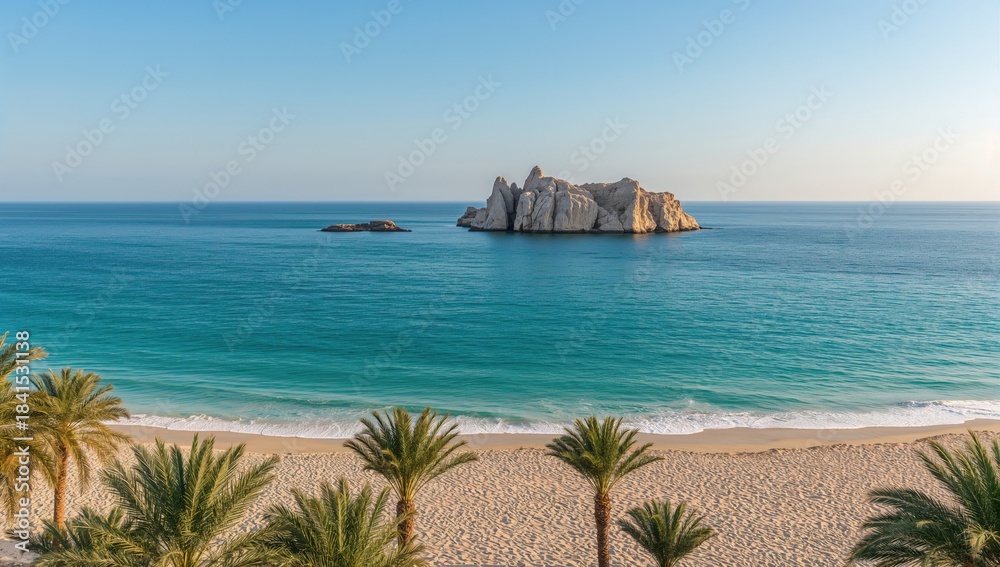 Naklejka premium Coastal landscape featuring turquoise waters, rocky island and nearby resort, ideal for background use