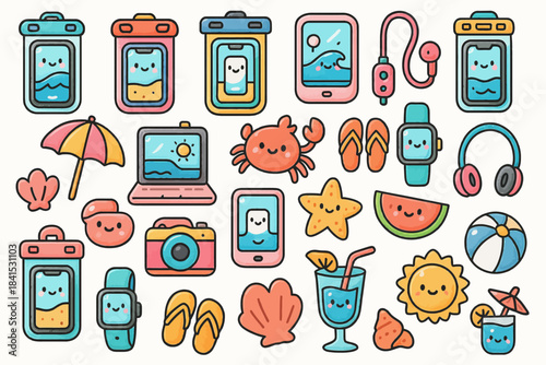 Colorful summer vacation doodles with beach and sea elements