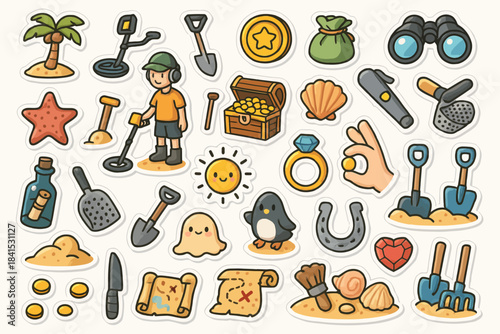 Cartoon treasure hunt icons with character and beach adventure elements