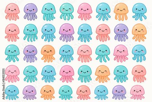 Cute colorful cartoon jellyfish pattern with smiling faces