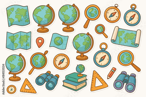 Illustrated geography set with globes, maps, compasses, and binoculars