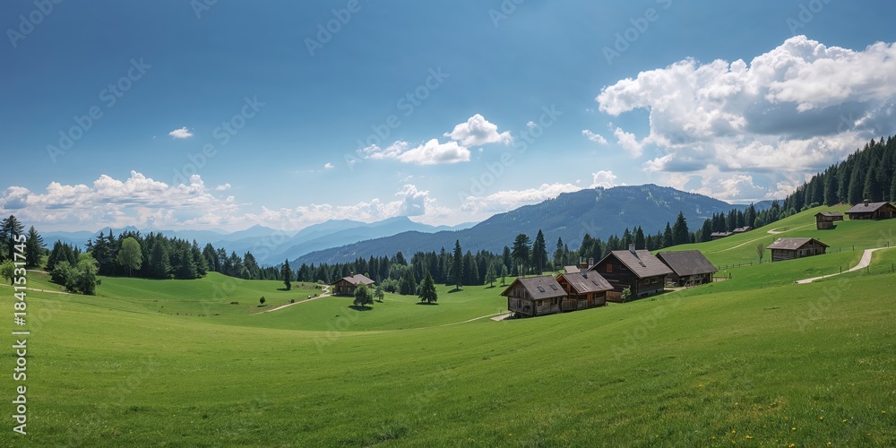 Naklejka premium Alpine mountain settlement featuring rustic wooden homes, highlighting regional building traditions