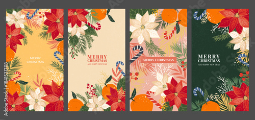 Colorful Christmas Covers For Social Media. Greeting card templates with coniferous branches, tangerines, poinsettia. Vector design