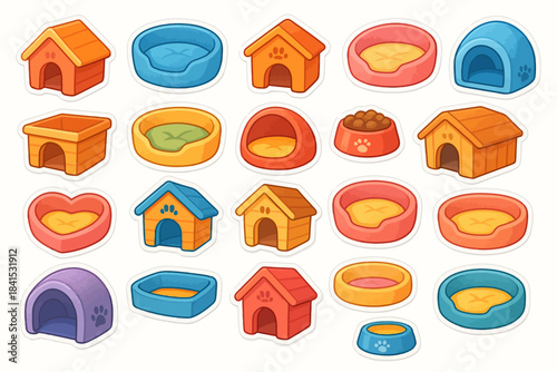 Collection of cartoon pet beds and bowls in various vibrant colors