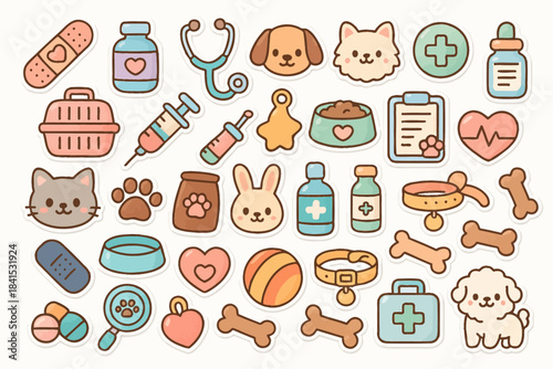 Cute pet-themed cartoon icons featuring animals, toys, and medical supplies
