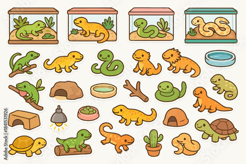 Cute reptile cartoon stickers with turtles, lizards, and snakes