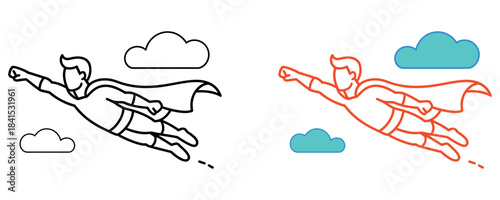Self-Confidence and Determination Thin Line Vector. Contour symbol representing a Flying Person or Superhero. Pixel perfect outline drawing for themes of success with an editable stroke.