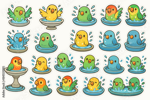 Colorful cartoon parrots playing in water with joyful expressions