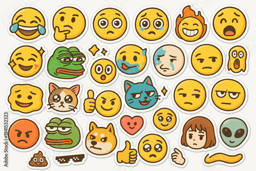 Assorted cartoon emojis and memes featuring faces animals and symbols
