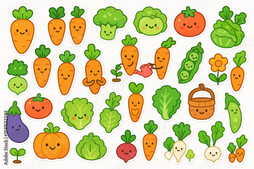 Smiling cartoon vegetables and fruits with personified faces in playful garden theme
