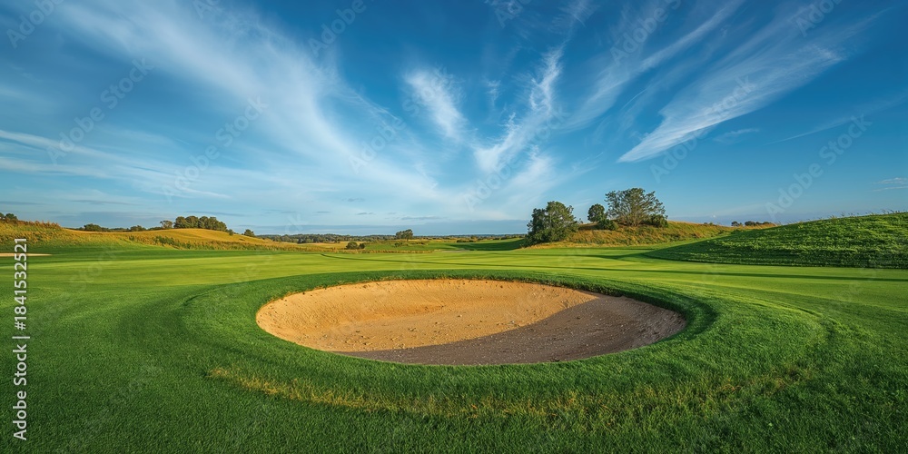 Naklejka premium Golf course bunker viewed from above focusing on course layout, landscape design, and maintenance practices