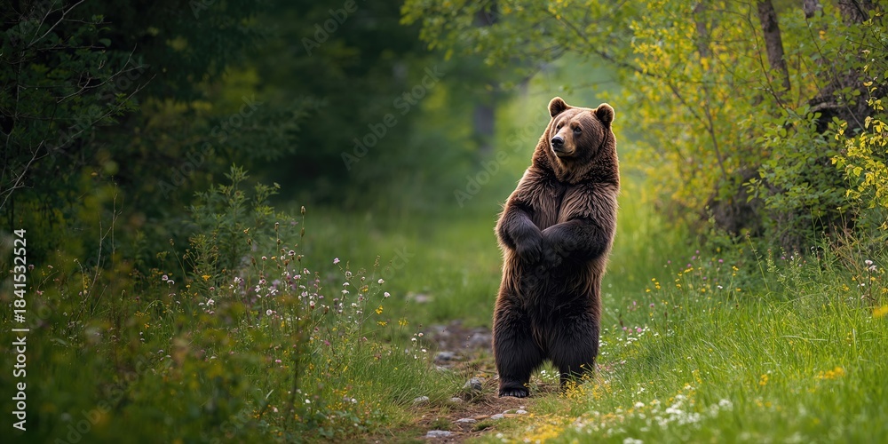 Obraz premium Brown bear standing on hind legs in a spring forest, wildlife observation during seasonal change