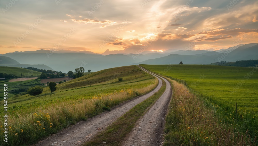 Naklejka premium Mountain countryside scene with vibrant summer foliage, dirt pathway, and a sunset sky filled with clouds, suitable for nature themes