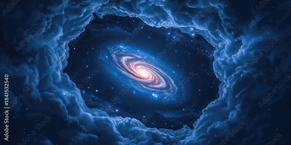 Obraz premium Futuristic graphic with radiant black light and shimmering stars in a vibrant blue sky, ideal for UI backdrops