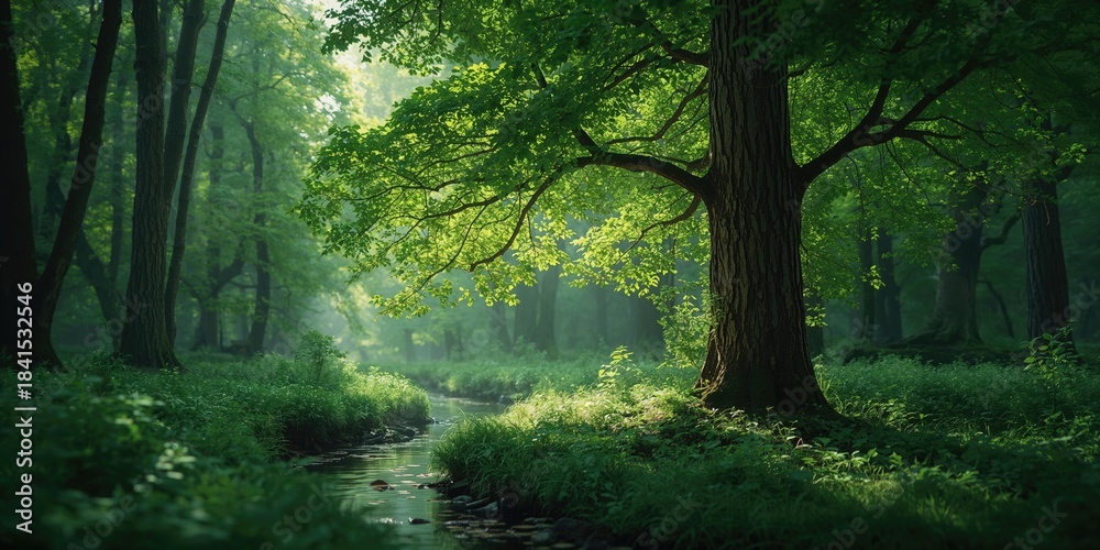 Naklejka premium A vibrant woodland landscape highlighting natural preservation with layered tree canopies and sunlight