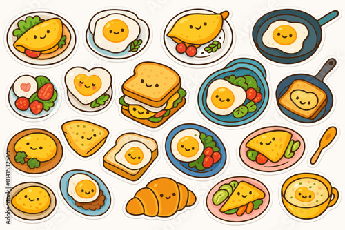 Cute breakfast food stickers with smiling faces on predominantly white background
