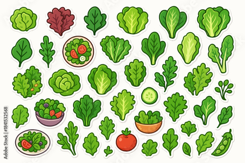 Collection of fresh green leafy vegetables with mixed salads and peas