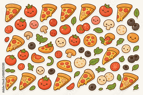 Colorful cartoon pizza and toppings pattern with smiling faces
