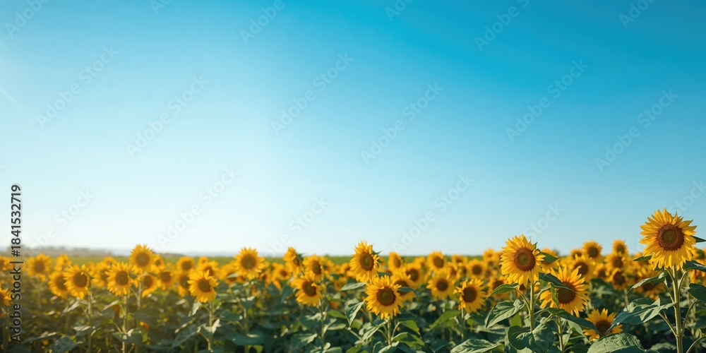 Naklejka premium A vast sunflower field under bright sunlight, suitable as a background for text or layout design