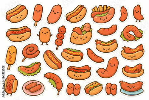Cute cartoon sausages and hot dogs with faces in various fun designs