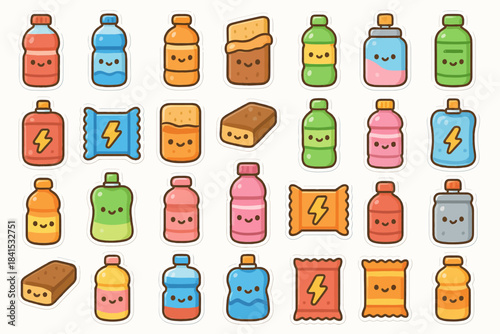 Colorful cartoon beverage and snack stickers with smiling faces