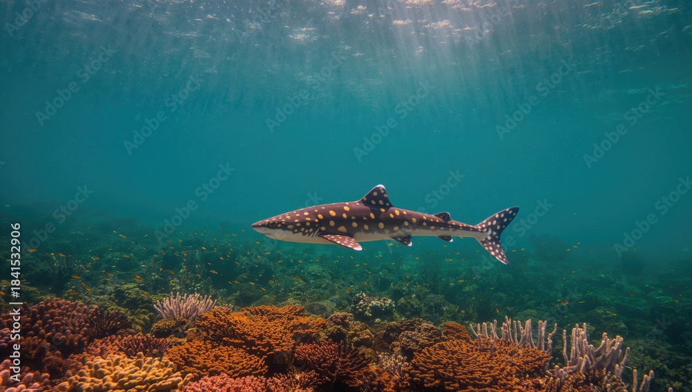 Obraz premium Underwater scene with zebra and leopard sharks amid vibrant coral formations, marine biodiversity focus