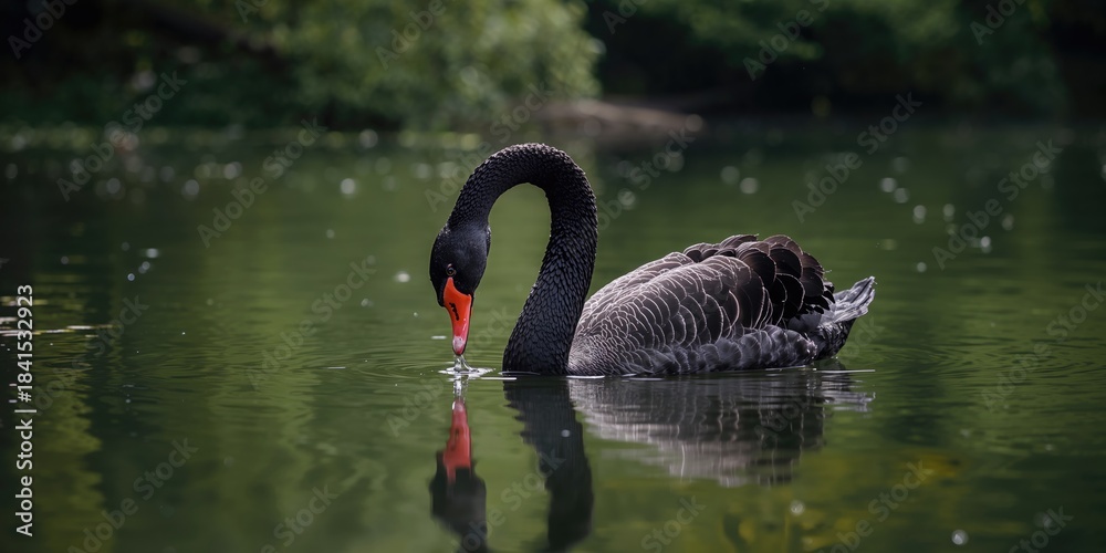 Fototapeta premium Black swan swimming on a park water body, highlighting wildlife in natural habitats, World Environment Day