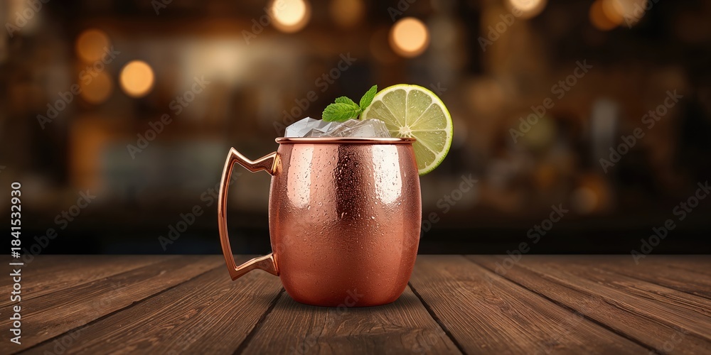 Naklejka premium Moscow mule served in a copper mug, traditional presentation for cocktail preparation