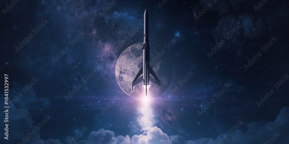 Obraz premium Night sky scene with a rocket and planets, space exploration as a background for UI design, Earth Day