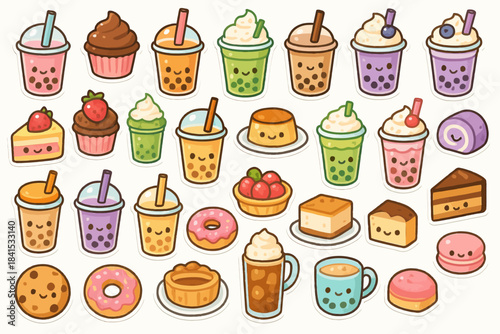 Cute cartoon bubble tea and dessert stickers with adorable faces
