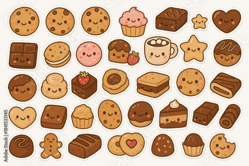 Cute cartoon desserts: cupcakes, cookies, chocolates, and more with happy faces