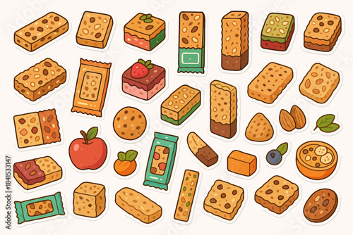 Assorted cartoon cookies and snacks on light background