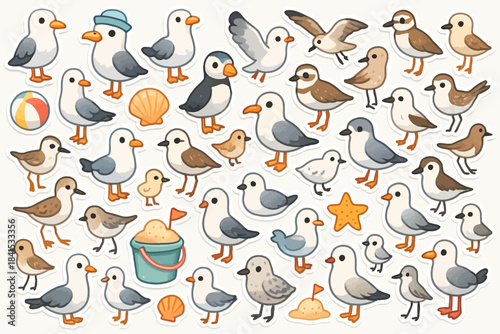 Colorful cartoon seagull and shorebird stickers with beach elements