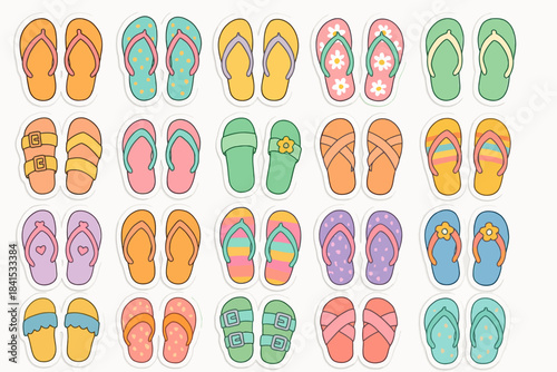 Colorful array of cartoon flip-flops in various patterns and designs