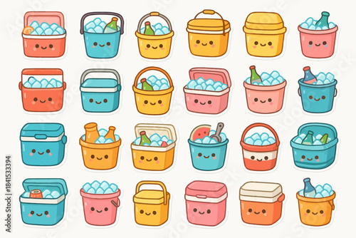 Cute cartoon ice buckets with smiling faces and drinks