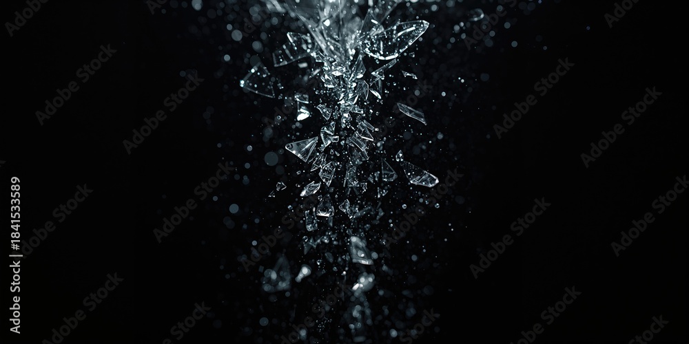 Fototapeta premium Shattered glass fragments dispersing from a breakage, safety compliance concern