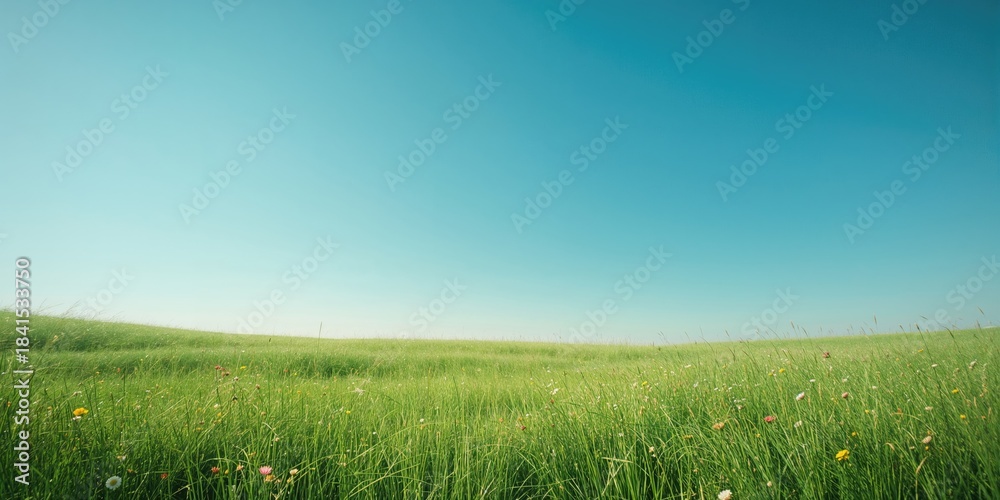 Naklejka premium Vivid green grass with a bright blue sky, suitable for outdoor scene backgrounds, Earth Day
