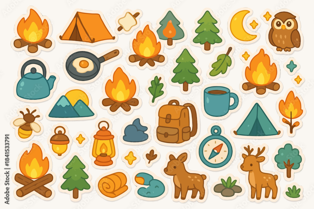 Fototapeta premium Cute camping stickers: adorable cartoon icons of nature and outdoor adventure