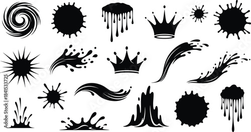 PrintCollection of abstract black ink splatters and brushstroke shapes on white background