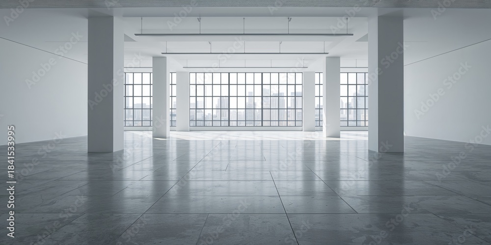 Obraz premium Unoccupied office space featuring industrial aesthetics, concrete floors, white walls, columns, and city view windows, ideal for modern offices