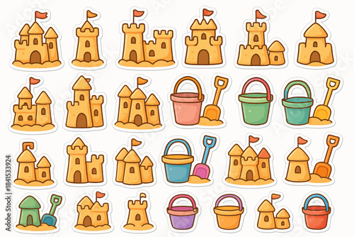 Cartoon sandcastles and beach buckets with shovels design set