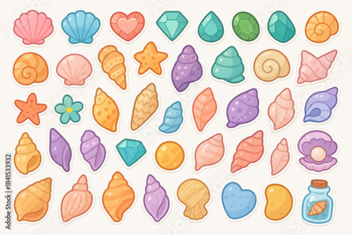 Colorful sea shells and gem stickers set on white background
