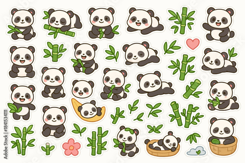 Cute cartoon pandas with bamboo and playful accessories